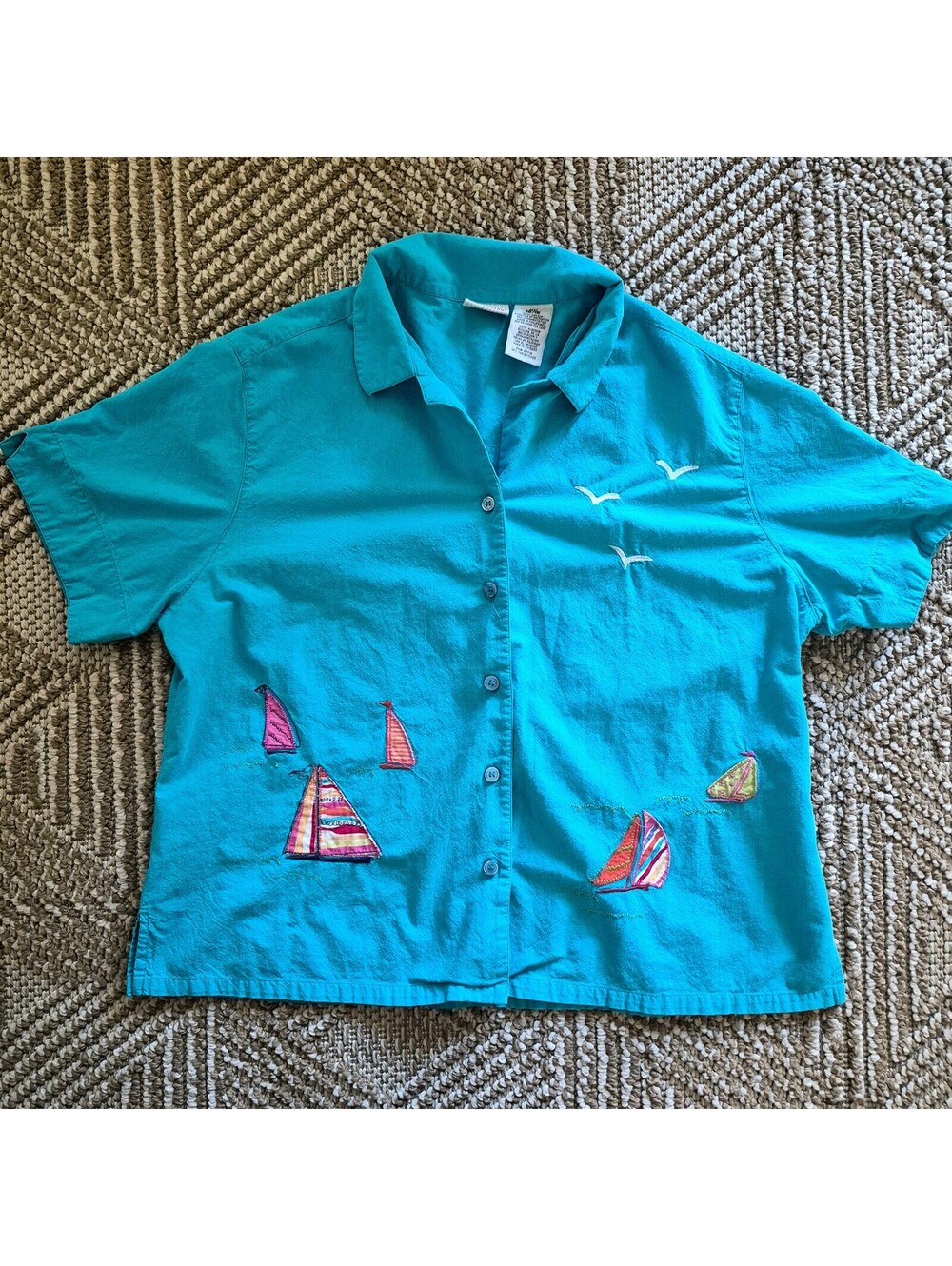 Vintage 90s Y2K Nautical Shirt Blue Cotton Embroidered Grandmacore XL XXL